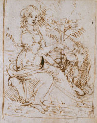 Young woman seated in a landscape with a unicorn