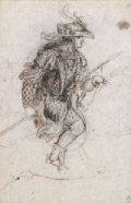 Drawing of a young man in costume on horseback